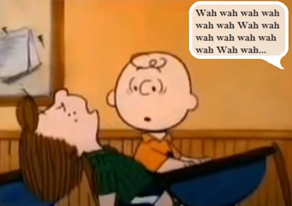 A picture of Charlie Brown in class with his teacher saying meaningless words.  Exactly what you don't want to do the content on your website. 